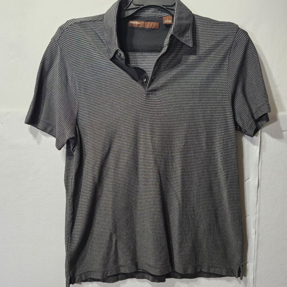 Perry Ellis  Striped Button Polo Shirt Black White Collared Short Sleeve L